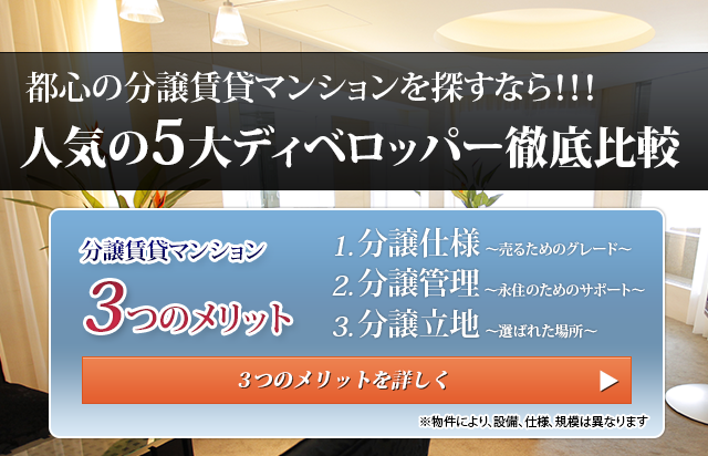 都心の分譲賃貸マンションを探すなら！！！分譲賃貸マンション3つのメリットは？ 1 分譲仕様～売るためのグレード～ 2 分譲管理～永住のためのサポート～ 3 分譲立地～選ばれた場所～人気の5大ディベロッパー徹底比較 3つのメリットを詳しく