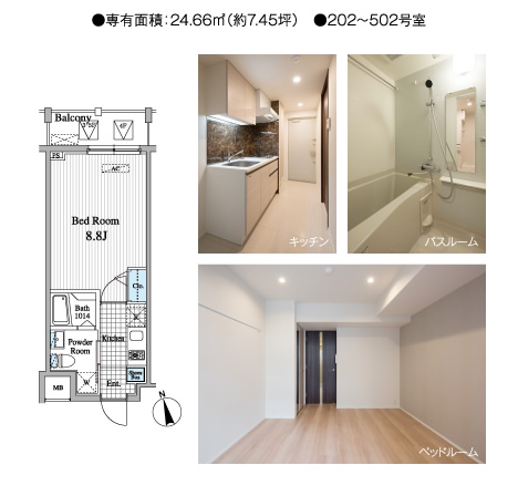 ●専有面積：24.66㎡（約7.45坪）　●202～502号室