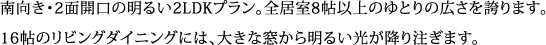 南向き・2面開口の明るい2LDKプラン。全居室8帖以上のゆとりの広さを誇ります。 16帖のリビングダイニングには、大きな窓から明るい光が降り注ぎます。