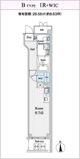 Btype 1R+WIC 専有面積：28.56㎡（約8.63坪）