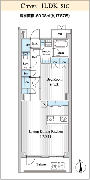 Ctype 1LDK+SIC 専有面積：59.08㎡（約17.87坪）
