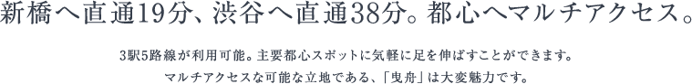 新橋へ直通19分、渋谷へ直通33分。都心へマルチアクセス。