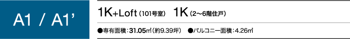 A1 / A1’ 1K+Loft（101号室） 1K（2～6階住戸） ●専有面積：31.05㎡（約9.39坪）　●バルコニー面積：4.26㎡