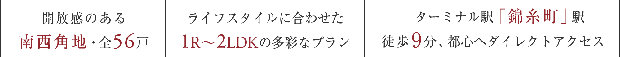 南西角地・全56戸　ライフスタイルに合わせた　1R〜2LDKの多彩なプラン　ターミナル駅「錦糸町」駅徒歩9分、都心へダイレクトアクセス　