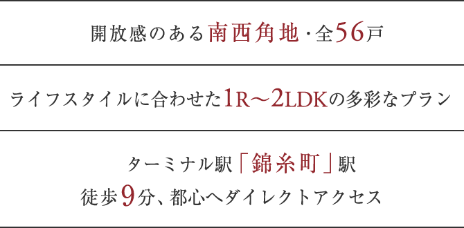 南西角地・全56戸　ライフスタイルに合わせた　1R〜2LDKの多彩なプラン　ターミナル駅「錦糸町」駅徒歩9分、都心へダイレクトアクセス　