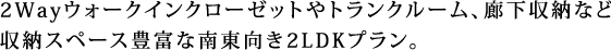 2Wayウォークインクローゼットやトランクルーム、廊下収納など 収納スペース豊富な南東向き2LDKプラン。