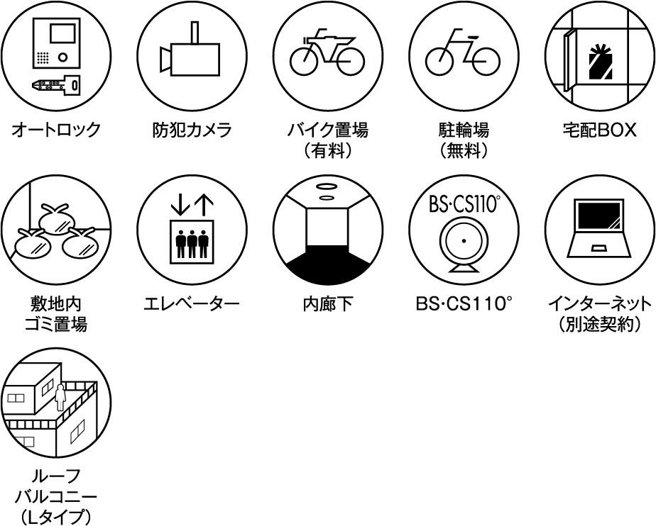 オートロック　防犯カメラ　バイク置場（有料）　駐輪場（無料）　宅配BOX　敷地内ゴミ置場　エレベーター　内廊下　BS/CS110° インターネット（別途契約）　ルーフバルコニー（Lタイプ）