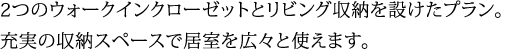 2つのウォークインクローゼットとリビング収納を設けたプラン。充実の収納スペースで居室を広々と使えます。