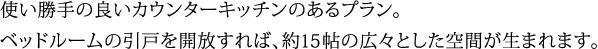 使い勝手の良いカウンターキッチンのあるプラン。ベッドルームの引戸を開放すれば、約15帖の広々とした空間が生まれます。