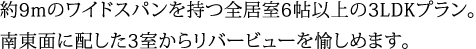 約9mのワイドスパンを持つ全居室6帖以上の3LDKプラン。南東面に配した3室からリバービューを愉しめます。