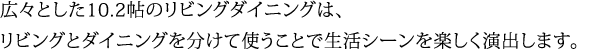 広々とした10.2帖のリビングダイニングは、リビングとダイニングを分けて使うことで生活シーンを楽しく演出します。