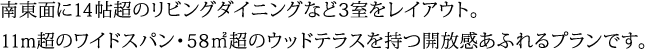 南東面に14帖超のリビングダイニングなど3室をレイアウト。11m超のワイドスパン・58㎡超のウッドテラスを持つ開放感あふれるプランです。