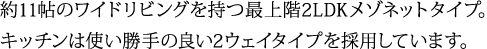 約11帖のワイドリビングを持つ最上階2LDKメゾネットタイプ。キッチンは使い勝手の良い2ウェイタイプを採用しています。