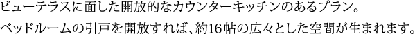 ビューテラスに面した開放的なカウンターキッチンのあるプラン。ベッドルームの引戸を開放すれば、約16帖の広々とした空間が生まれます。