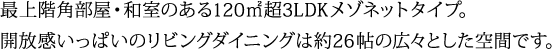 最上階角部屋・和室のある120㎡超3LDKメゾネットタイプ。開放感いっぱいのリビングダイニングは約26帖の広々とした空間です。