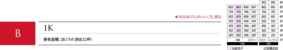 B 1K 専有面積：28.17㎡（約8.52坪）