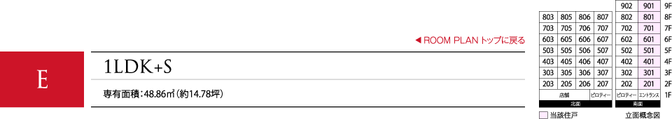 E 1LDK+S 専有面積：48.86㎡（約14.78坪）