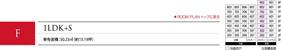 F 1LDK+S 専有面積：50.23㎡（約15.19坪）