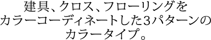 建具、クロス、フローリングをカラーコーディネートした3パターンのカラータイプ。