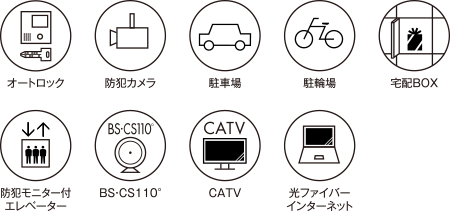 オートロック 防犯カメラ 駐車場 駐輪場 宅配BOX 防犯モニター付エレベーター BS/CS110 CATV 光ファイバーインターネット