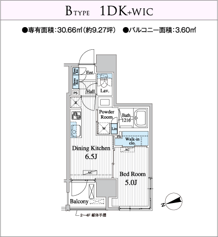 Btype  1DK+WIC●専有面積：30.66㎡（約9.27坪）　●バルコニー面積：3.60㎡