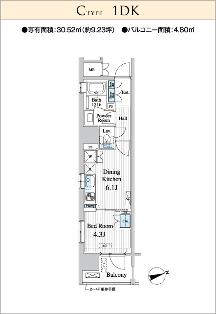Ctype  1DK●専有面積：30.52㎡（約9.23坪）　●バルコニー面積：4.80㎡