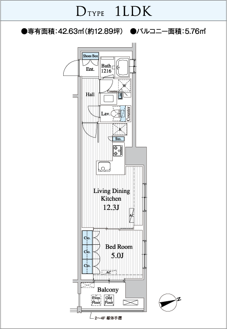 Dtype  1LDK●専有面積：42.63㎡（約12.89坪）　●バルコニー面積：5.76㎡