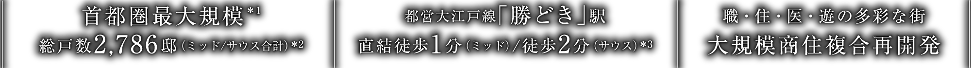 首都圏最大規模＊1　総戸数2,786邸（ミッド/サウス合計）＊2、都営大江戸線｢勝どき｣駅直結徒歩1分（ミッド）/徒歩2分（サウス）＊3、職・住・医・遊の多彩な街 大規模商住複合再開発