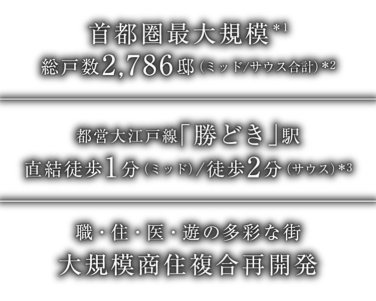 首都圏最大規模＊1　総戸数2,786邸（ミッド/サウス合計）＊2、都営大江戸線｢勝どき｣駅直結徒歩1分（ミッド）/徒歩2分（サウス）＊3、職・住・医・遊の多彩な街 大規模商住複合再開発