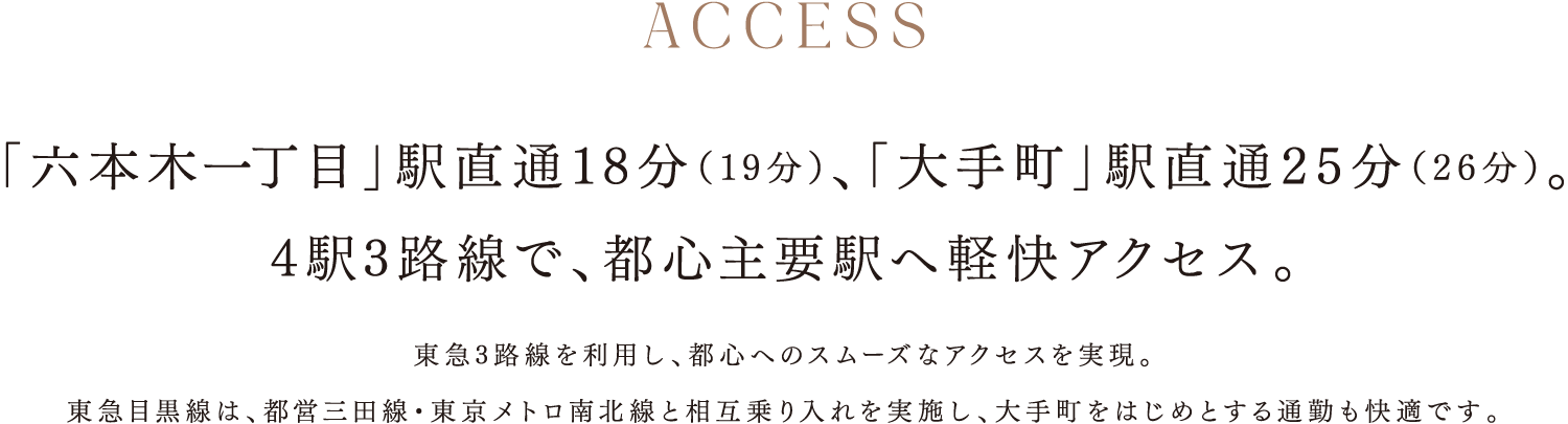 「六本木一丁目」駅直通18分（19分）、「大手町」駅直通25分（26分）。4駅3路線で、都心主要駅へ軽快アクセス。