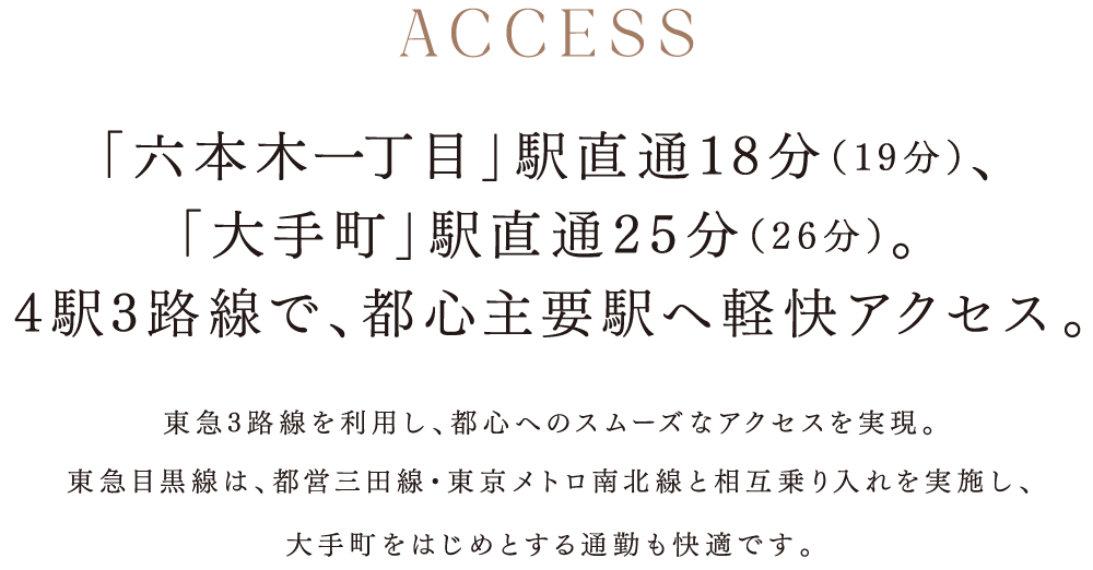 「六本木一丁目」駅直通18分（19分）、「大手町」駅直通25分（26分）。4駅3路線で、都心主要駅へ軽快アクセス。