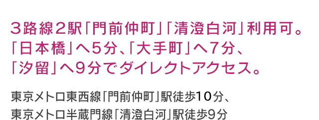 ３路線２駅「門前仲町」「清澄白河」利用可。「日本橋」へ4分、「大手町」へ6分、「汐留」へ9分でダイレクトアクセス。