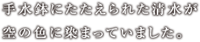 手水鉢にたたえられた清水が空の色に染まっていました。