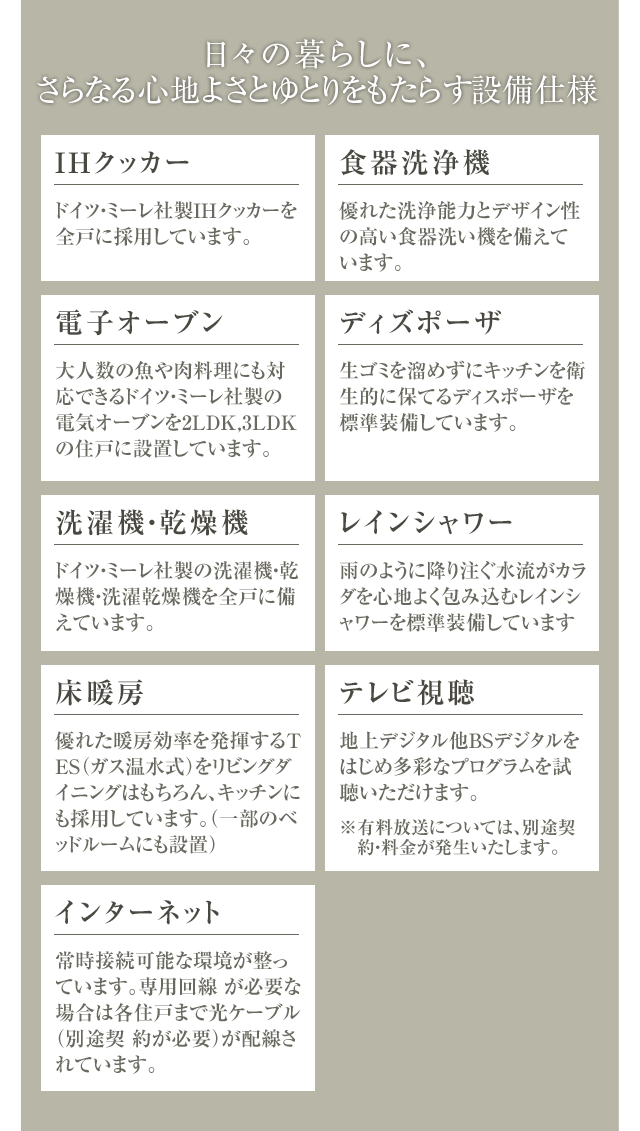 日々の暮らしに、さらなる心地よさとゆとりをもたらす設備仕様