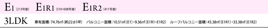 1・E1R1・E1R2 3LDK 専有面積：74.76㎡（約22.61坪）　バルコニー面積：10.51㎡（E1）・9.36㎡（E1R1・E1R2）　ルーフバルコニー面積：45.38㎡（E1R1）・33.38㎡（E1R2）
