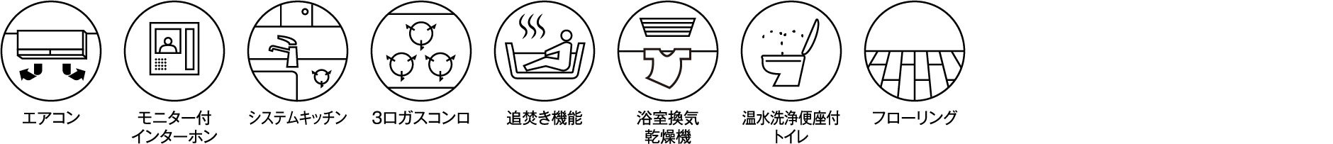 エアコン モニター付インターホン システムキッチン 3口ガスコンロ 追焚き機能 浴室換気乾燥機 温水洗浄便座付トイレ フローリング