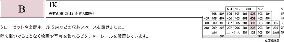 B 1K 専有面積：23.15㎡（約7.00坪）