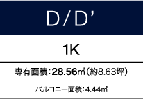 D/D'タイプ 1K 専有面積：28.56㎡（約8.63坪）バルコニー面積：4.44㎡